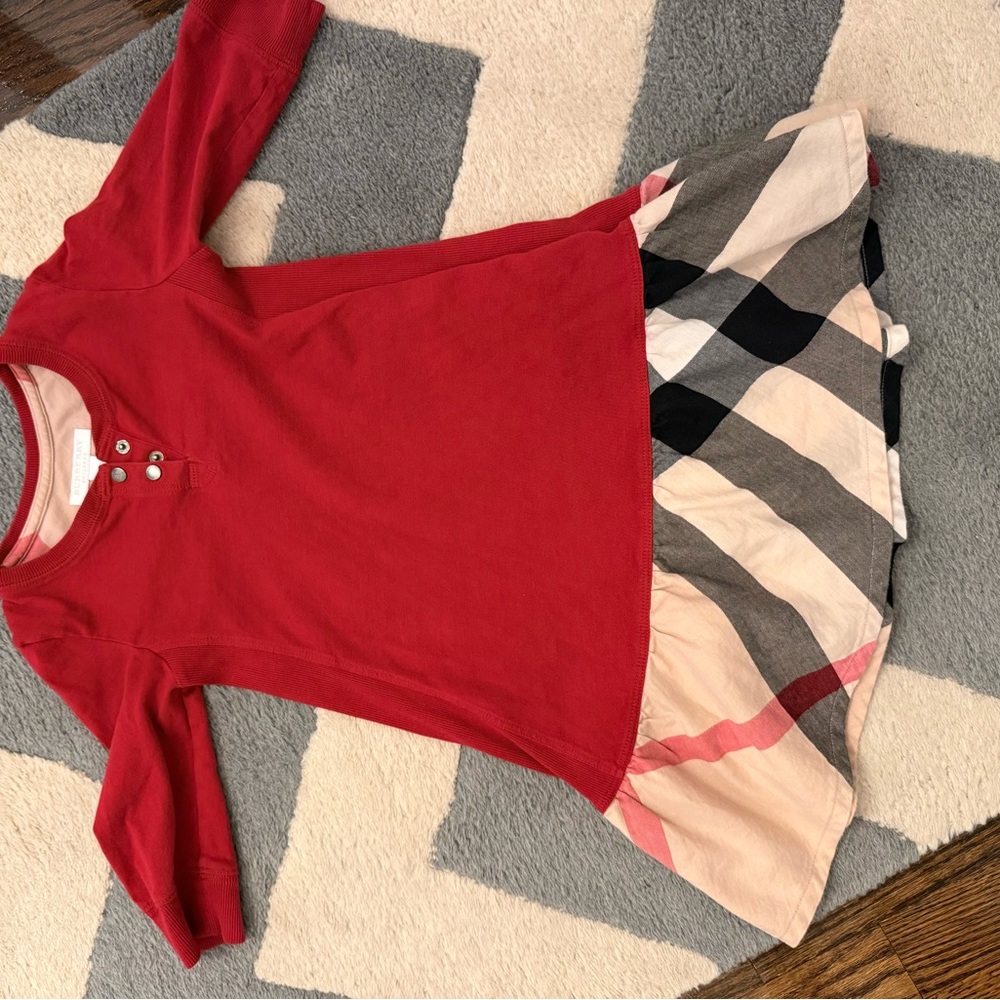 Burberry Red Top with Beige/Black/Tan Plaid Skirt